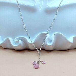 NRT marked Silver Tone Chain with 3 Pink Crystal Dangle Pendant Necklace